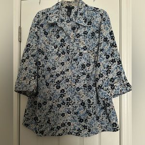 Maggie Barnes blouse.. blue, white and cream print. Button front.